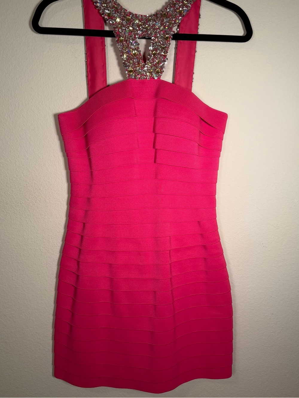 Sherri Hill Hot Pink Bandage Dress, Rhinestone Straps, Cocktail Homecoming Party - Picture 9 of 10